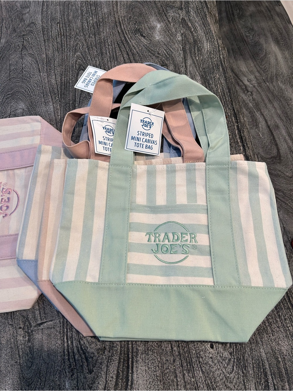 Trader Joe’s Striped Mini Canvas Tote Bags (4) Pink, Blue, Green, Tan - Picture 7 of 10